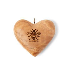 Load image into Gallery viewer, Handmade Olive Wood Manchester Bee Heart Decoration, Ornament