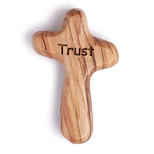 Load image into Gallery viewer, Large Hand Carved 'Trust' Holding Cross, Olive Wood Palm Cross