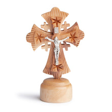 画像をギャラリービューアに読み込む, Small Hand Made Olive Wood Jerusalem Cross Crucifix With Base Made In The Holy Land Bethlehem