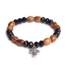 画像をギャラリービューアに読み込む, Hand Crafted Olive Wood & Black Bead Bracelet With Silver Cross