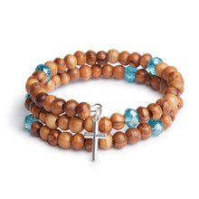 画像をギャラリービューアに読み込む, Handmade Wrap Around Olive Wood Bracelet With Light Blue Bead Detail With Silver Jerusalem Cross