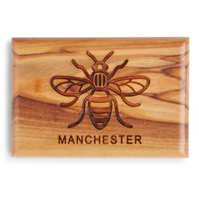 Load image into Gallery viewer, Handmade Olive Wood Rectangular Manchester Bee Magnet