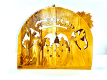 画像をギャラリービューアに読み込む, Reverse side of nativity scene, handmade in Bethlehem. Olive wood from Holy Land. Mary, Joseph and baby Jesus, animals in stable, palm tree, the Star of Bethlehem, angels and bell
