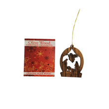 画像をギャラリービューアに読み込む, 2D olive wood Christmas decoration. Angel visiting Mary, Joseph and baby Jesus. with packaging and certificate of authenticity