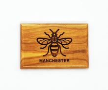 Load image into Gallery viewer, Rectangular olive wood magnet with bee and MANCHESTER lasered on