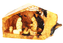 画像をギャラリービューアに読み込む, hand crafted nativity grotto, made in Bethlehem. faceless figures of Mary, Joseph, baby Jesus and lambs