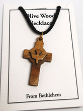 画像をギャラリービューアに読み込む, Handmade in Bethlehem olive wood cross with dove pendant with black cord in packaging