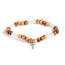 画像をギャラリービューアに読み込む, Pearl Bead and Olive Wood Bead Bracelet With Silver Cross
