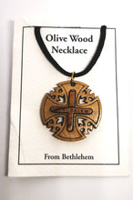 画像をギャラリービューアに読み込む, Handmade in Bethlehem, olive wood Jerusalem cross pendant with black cord in packaging