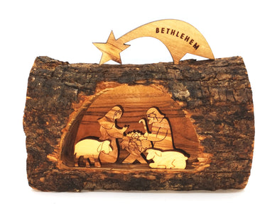 Olive wood shooting star hand made nativity from holy land Bethlehem. Mary, Joseph, Baby Jesus in Manger, lambs
