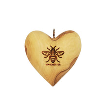 Load image into Gallery viewer, Manchester bee olive wood heart decoration, differing grains