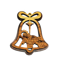 Load image into Gallery viewer, double layered Christmas tree decoration made from olive wood in Bethlehem. Baby Jesus in manger in bell shaped decoration