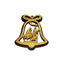 Load image into Gallery viewer, double layered Christmas tree decoration made from olive wood in Bethlehem. Flight to Egypt in bell shaped decoration