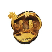 Load image into Gallery viewer, Slices of olive wood with bark nativity scene. detailed nativity scene with family, shepherds, lambs and shooting Star of Bethlehem
