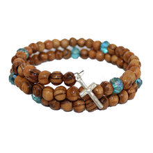 画像をギャラリービューアに読み込む, Handmade Wrap Around Olive Wood Bracelet With Light Blue Bead Detail With Silver Jerusalem Cross