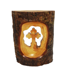 Load image into Gallery viewer, cross cut into natural olive wood with bark, hand made in Bethlehem
