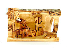画像をギャラリービューアに読み込む, Hollowed out olive wood branch, hand carved in Bethlehem to create nativity scene. Figures of Mary, Joseph, Baby Jesus and lambs. Palm tree, star of Bethlehem, natural unique grain