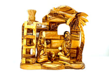 画像をギャラリービューアに読み込む, Handmade olive wood nativity, made in Bethlehem. Bell tower, faceless figures of Mary, Joseph, Baby Jesus, lambs, palm tree, star of Bethlehem, ladder