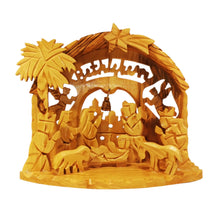 画像をギャラリービューアに読み込む, Nativity scene, handmade in Bethlehem. Olive wood from Holy Land. Mary, Joseph and baby Jesus, animals in stable, palm tree, the Star of Bethlehem, angels and bell