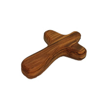 Load image into Gallery viewer, Hand carved olive wood holding cross, large, made in Bethlehem. Unique grain, fits in palm of hand
