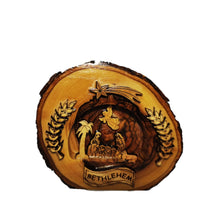 Load image into Gallery viewer, Slice of olive wood with bark nativity scene. detailed nativity scene with Angel and shooting Star of Bethlehem