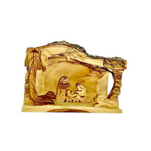 画像をギャラリービューアに読み込む, Hollowed out olive wood branch, hand carved in Bethlehem to create nativity scene. Figures of Mary, Joseph, Baby Jesus and lambs. Palm tree, star of Bethlehem, natural unique grain