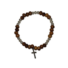 画像をギャラリービューアに読み込む, Pearl Bead and Olive Wood Bead Bracelet With Silver Cross