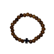 画像をギャラリービューアに読み込む, Handmade Olive Wood Bead Bracelet With Silver & Blue Cross