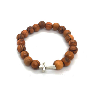 Olive Wood Bead Bracelet With Silver Cross