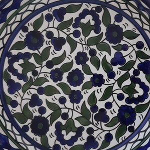 Hand-Painted Blue, Green and White Round Ceramic Serving Dish Made In The Holy Land