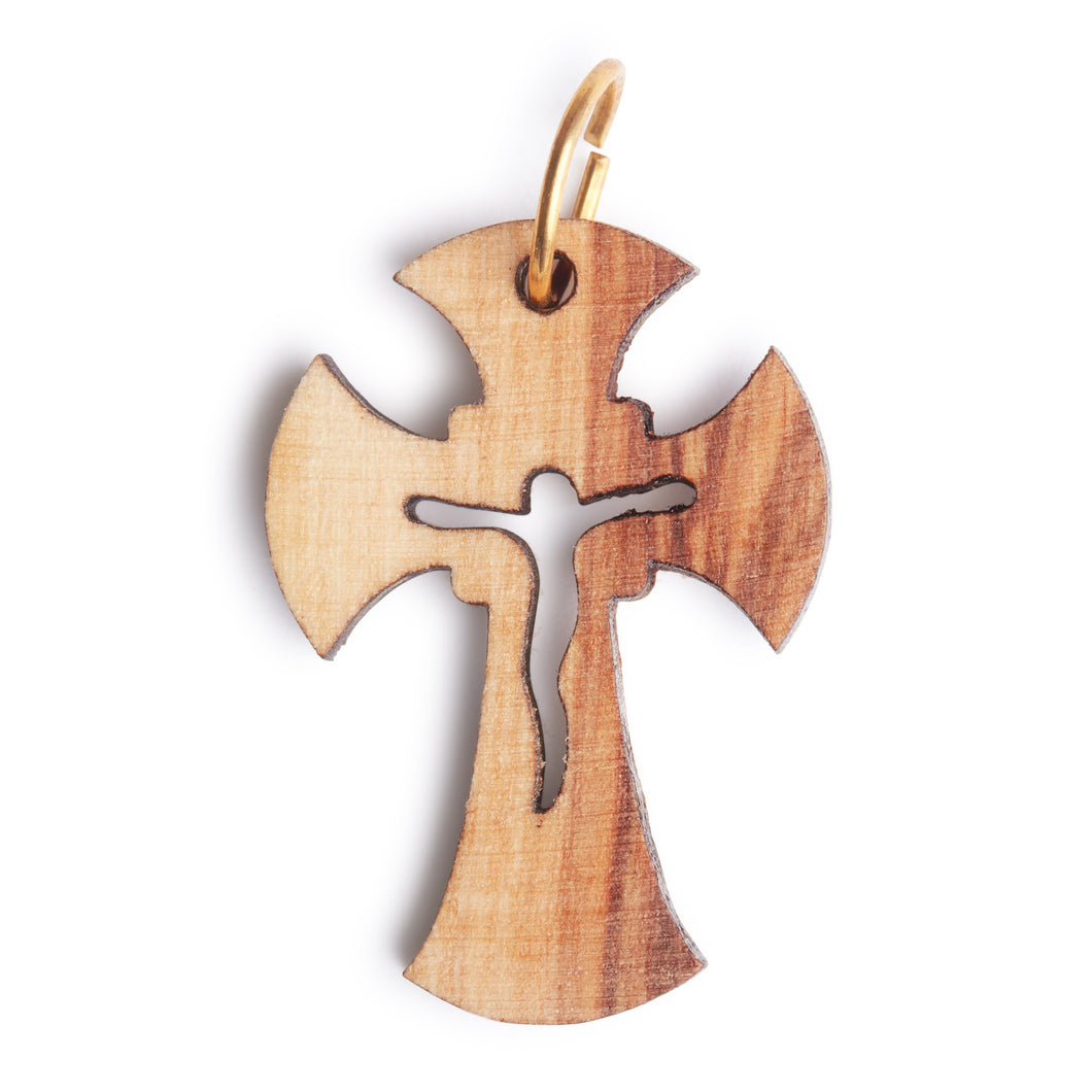 Olive Wood Cross Crucifix Pendant With Flared Edges and Jesus