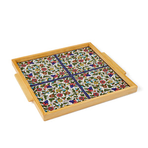 Hand-Painted Ceramic Tiled Tray with Wooden Surround Made In Bethlehem