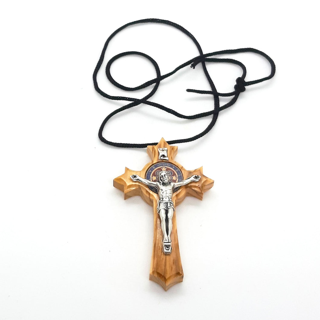 Olive Wood Benedict Cross Crucifix Necklace