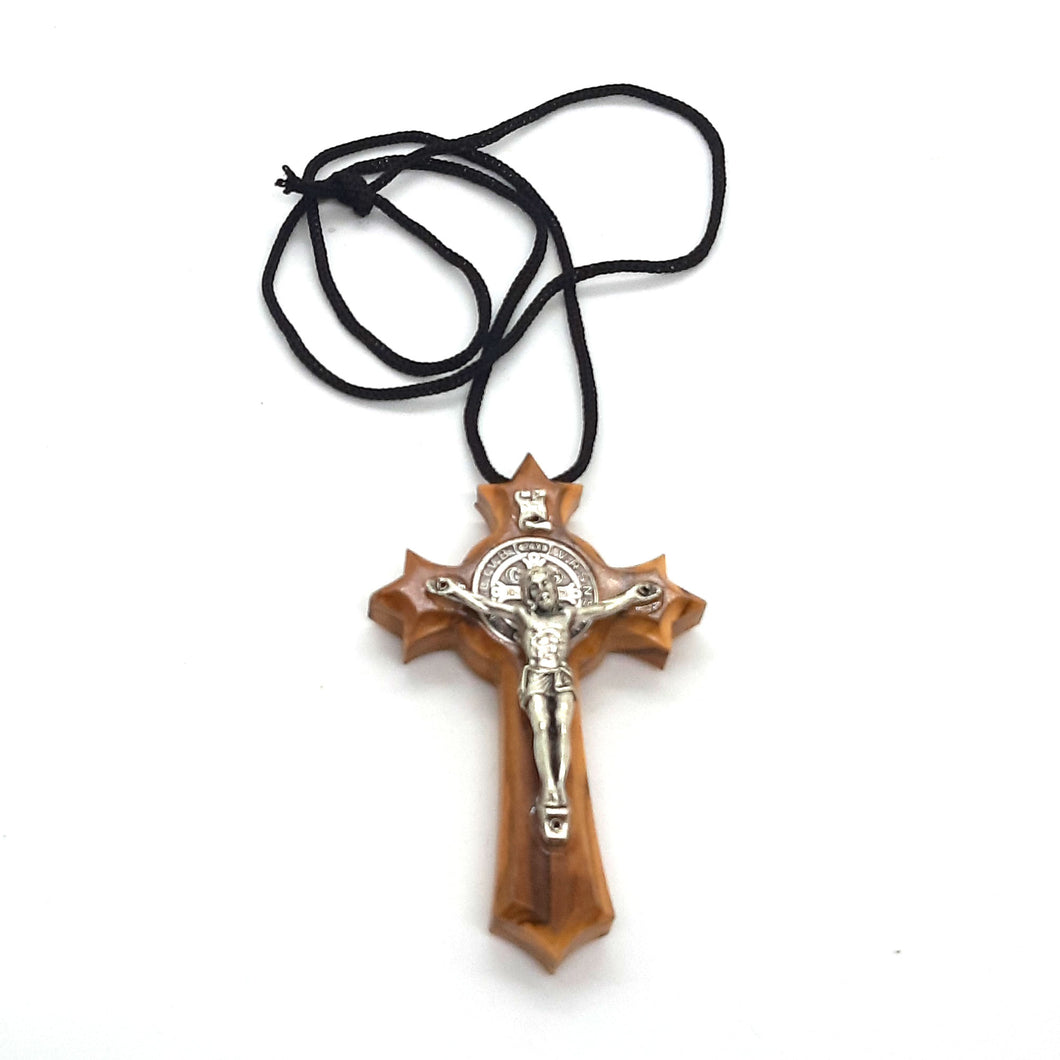 Olive Wood Benedict Silver Cross Crucifix Necklace