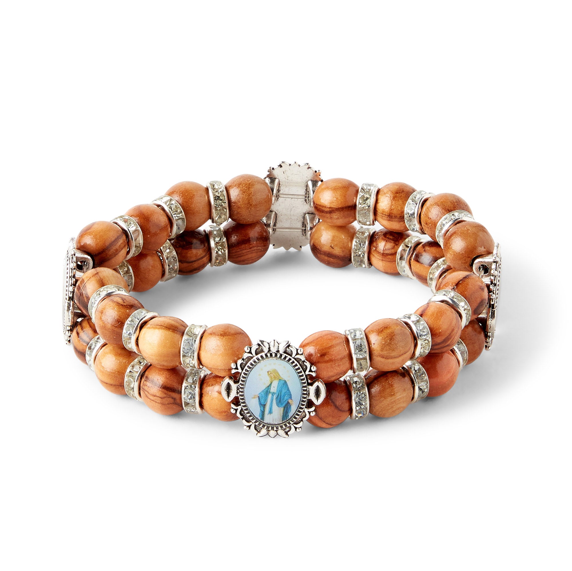 Silver Gem & Olive Wood Handmade Bead Bracelet with Image of Mary