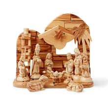 Load image into Gallery viewer, Handmade Olive wood With Detailed Figures complete Musical Nativity scene from Bethlehem
