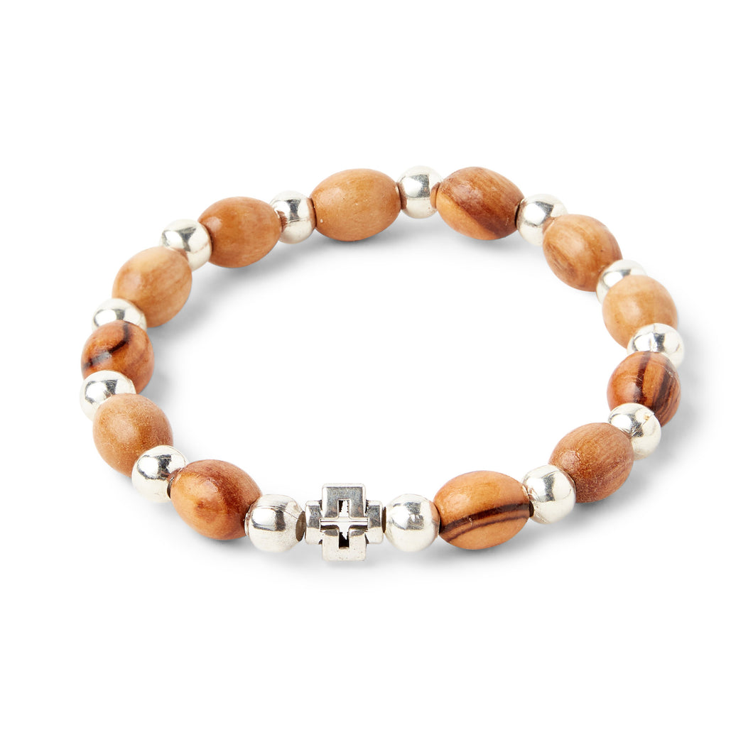 Hand Crafted Olive Wood & Silver Bead Bracelet with Small Silver Cross