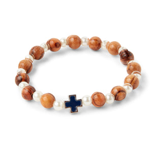 Hand Crafted Olive Wood & Pearl Bead Bracelet with Small Blue Cross