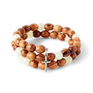 Hand Crafted Wrap Around Olive Wood Bracelet With Off White Beads & Silver Crucifix