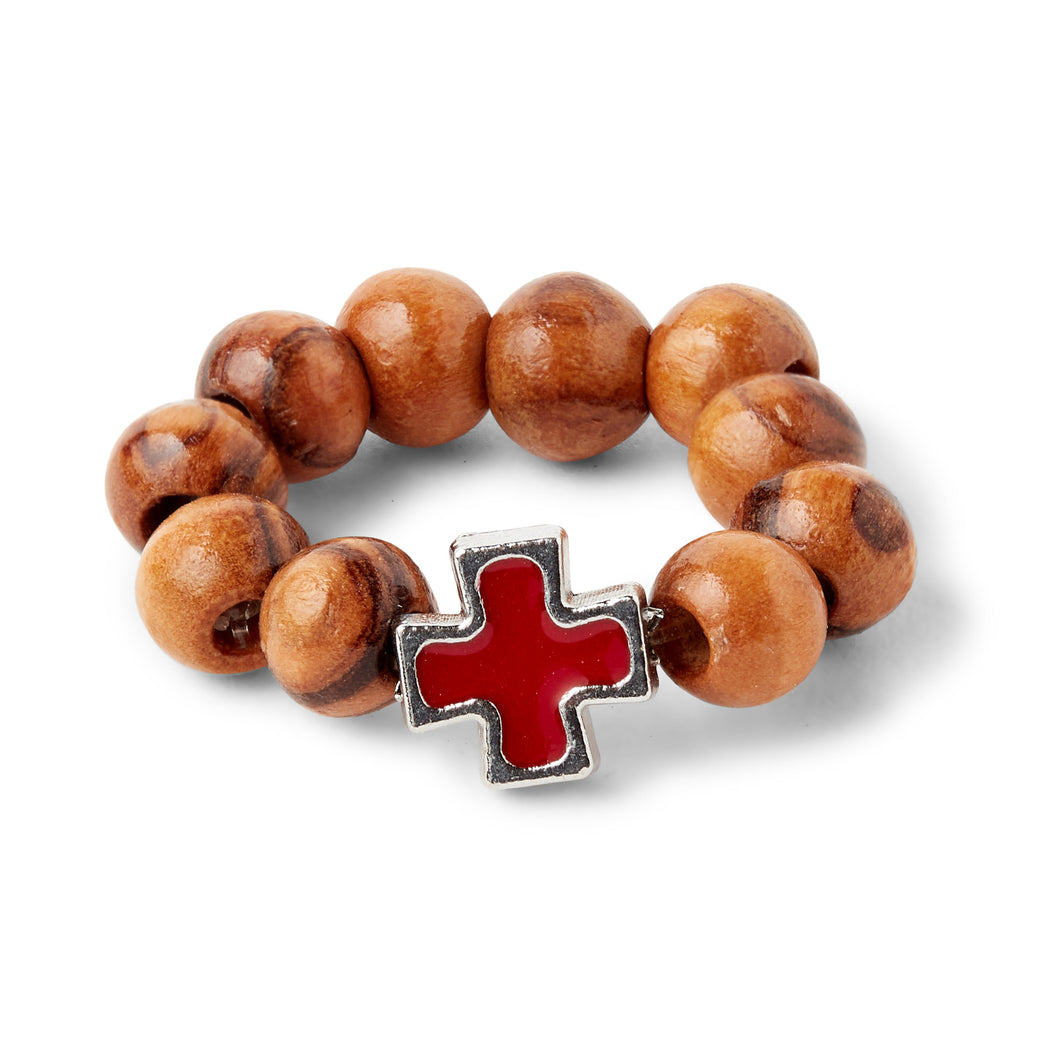 Hand Crafted Olive Wood Bead Finger Rosary Ring with Red Cross
