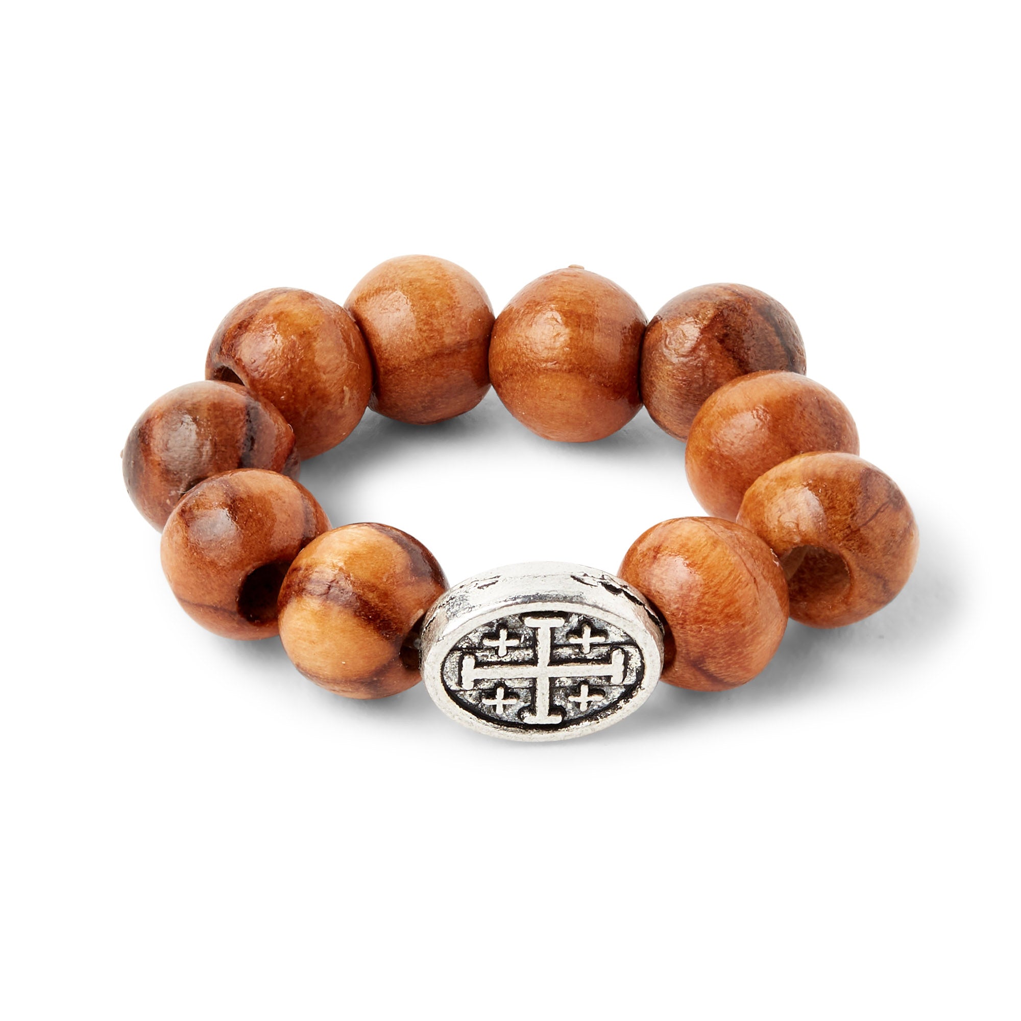 Hand Crafted Olive Wood Bead Finger Rosary Ring with Silver Oval Cross