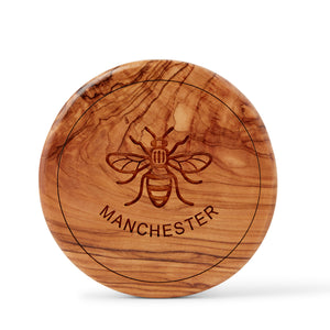 Manchester Worker Bee Round Olive Wood Coaster, Made in Bethlehem