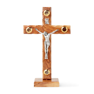 Olive Wood Crucifix Cross On Stand With Holy Soil, Holy Water, Incense And Olive Leaves, Metal Jesus, Made In Bethlehem OWO 025