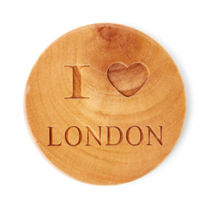 I Love London Round Fridge Magnet, Hand Crafted Olive Wood