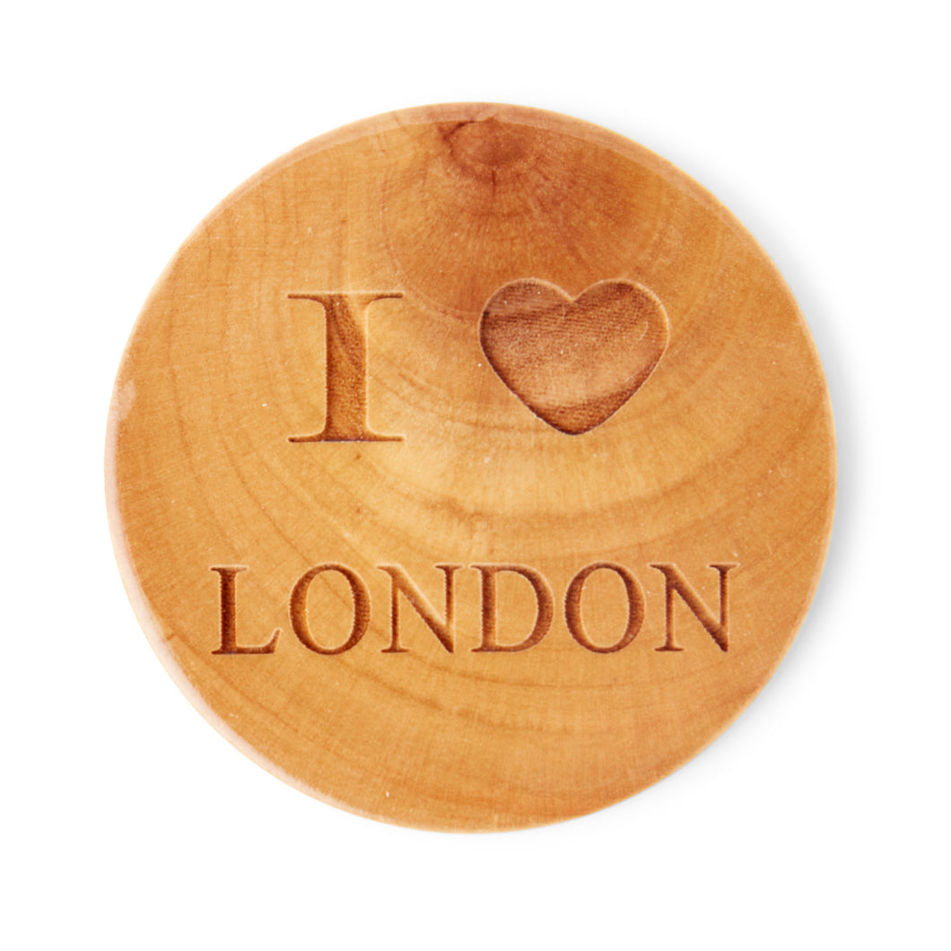 I Love London Round Fridge Magnet, Hand Crafted Olive Wood
