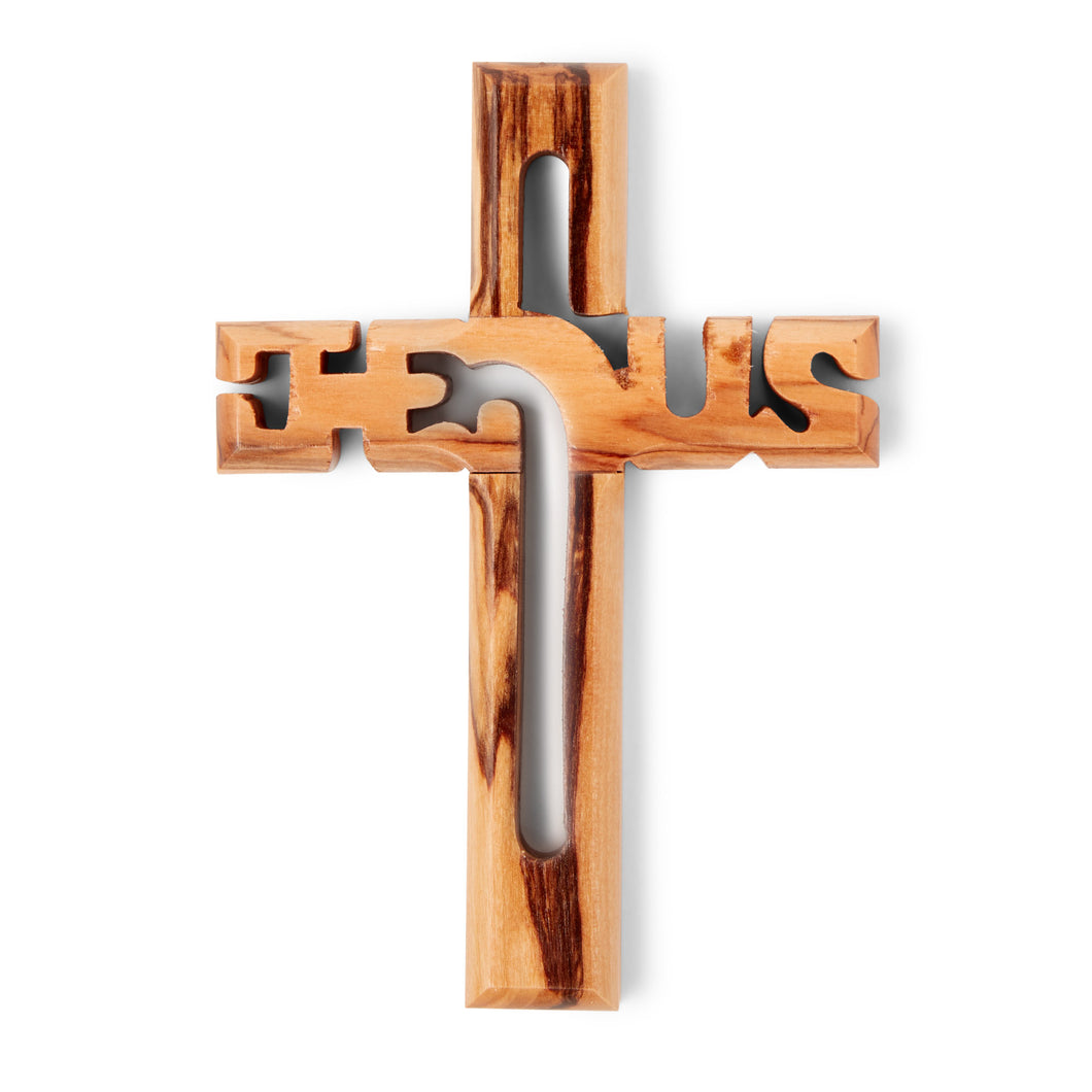 Cross Crucifix Spelling Jesus Handmade In Bethlehem Of Olive Wood Large OWC 011