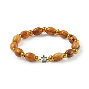 Hand Crafted Olive Wood & Gold Bead Bracelet with Small Cut Out Silver Cross