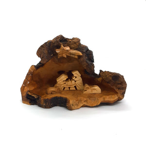 Hand Carved Small Olive Wood Cave Nativity Scene Grotto With Star From Bethlehem - NAV I