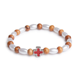 Hand Crafted Olive Wood & Pearl Bead Bracelet with Small Red Cross