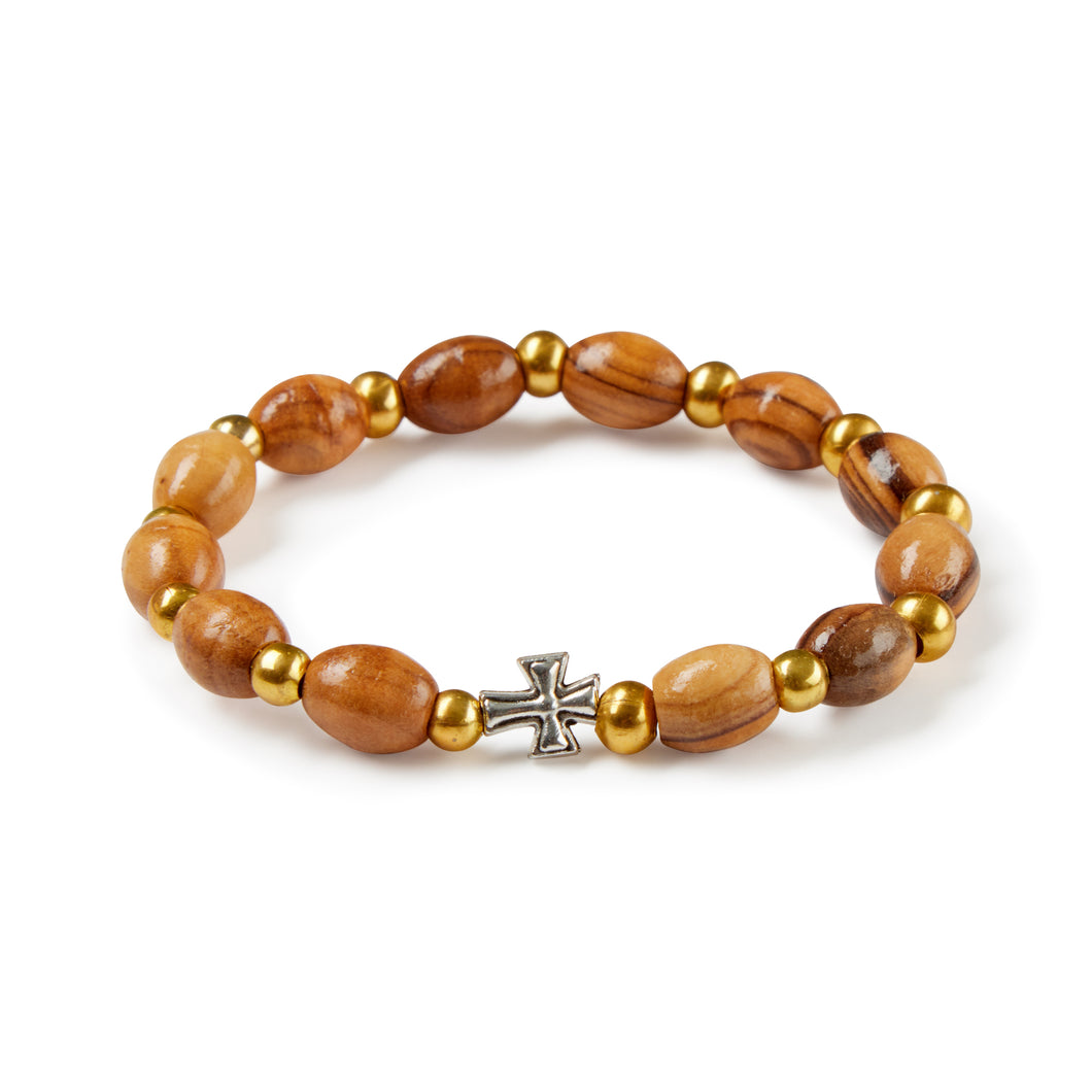 Hand Crafted Olive Wood & Gold Bead Bracelet with Small Silver Cross